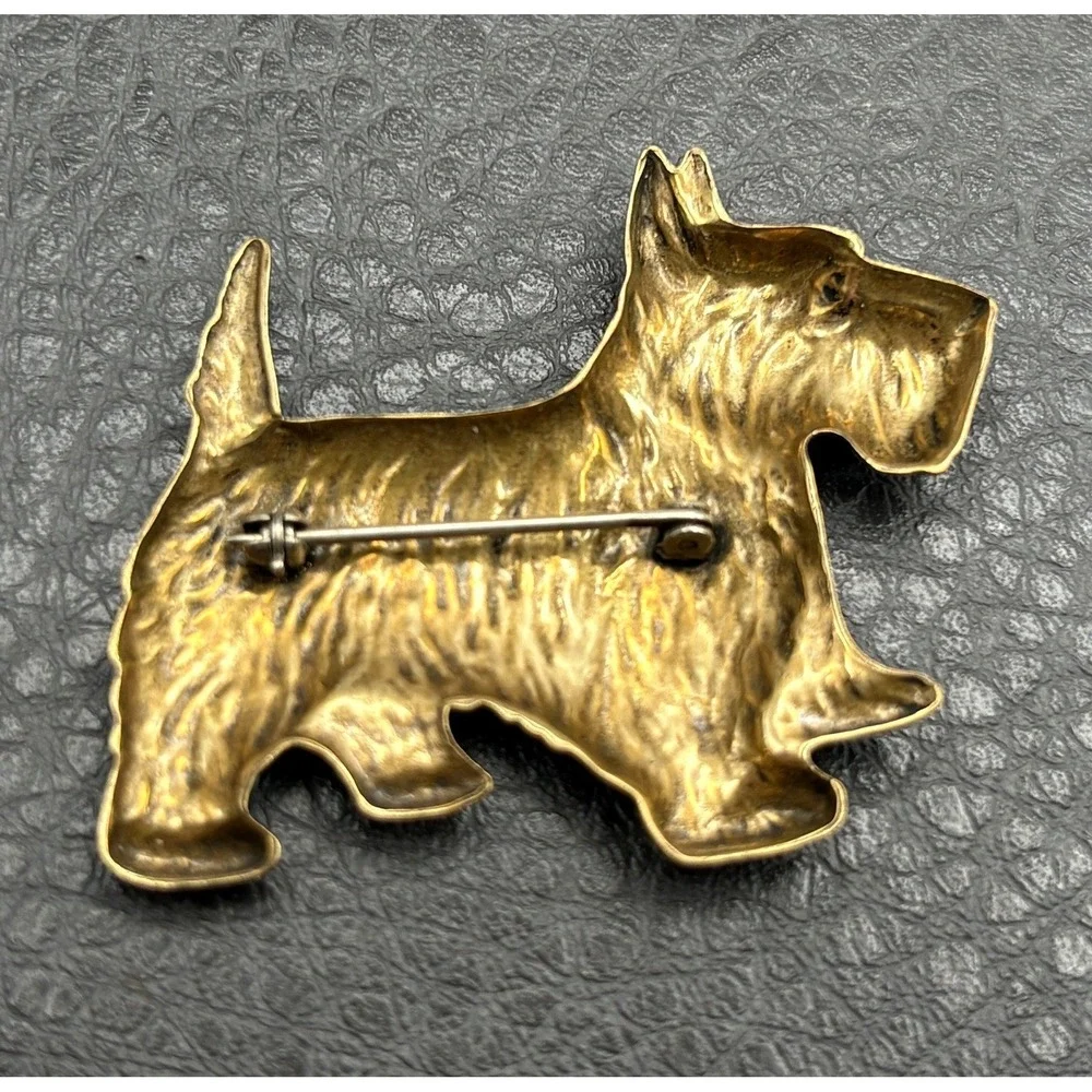 Vintage Antiqued Gold Tone Scottie Dog Brooch Pin Detailed Terrier Design Pet